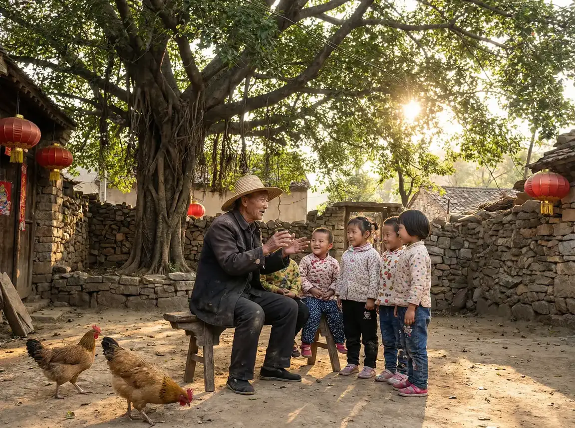 老人在大榕树下给孩子们讲故事 - 小米以旧换新 乡村记忆